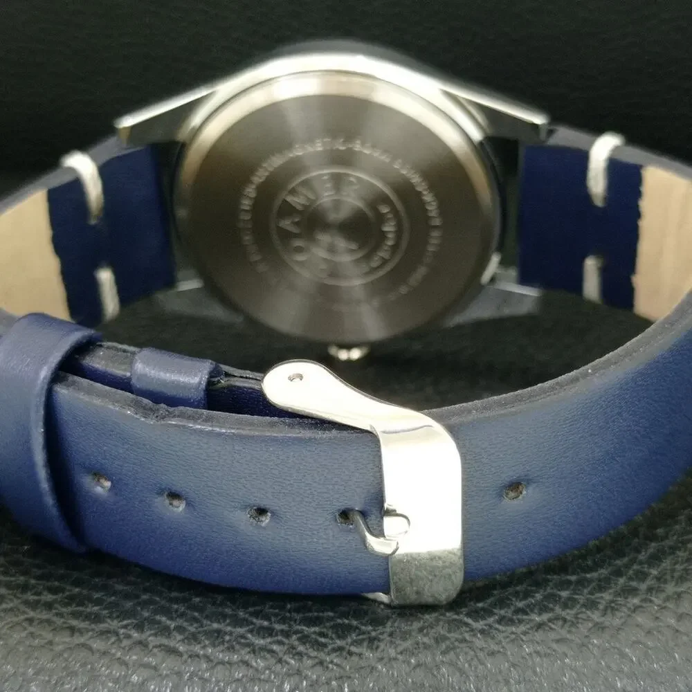 Vintage 1976 Roamer Manual Mens Silver Watch W/Leather Strap & Blue accents